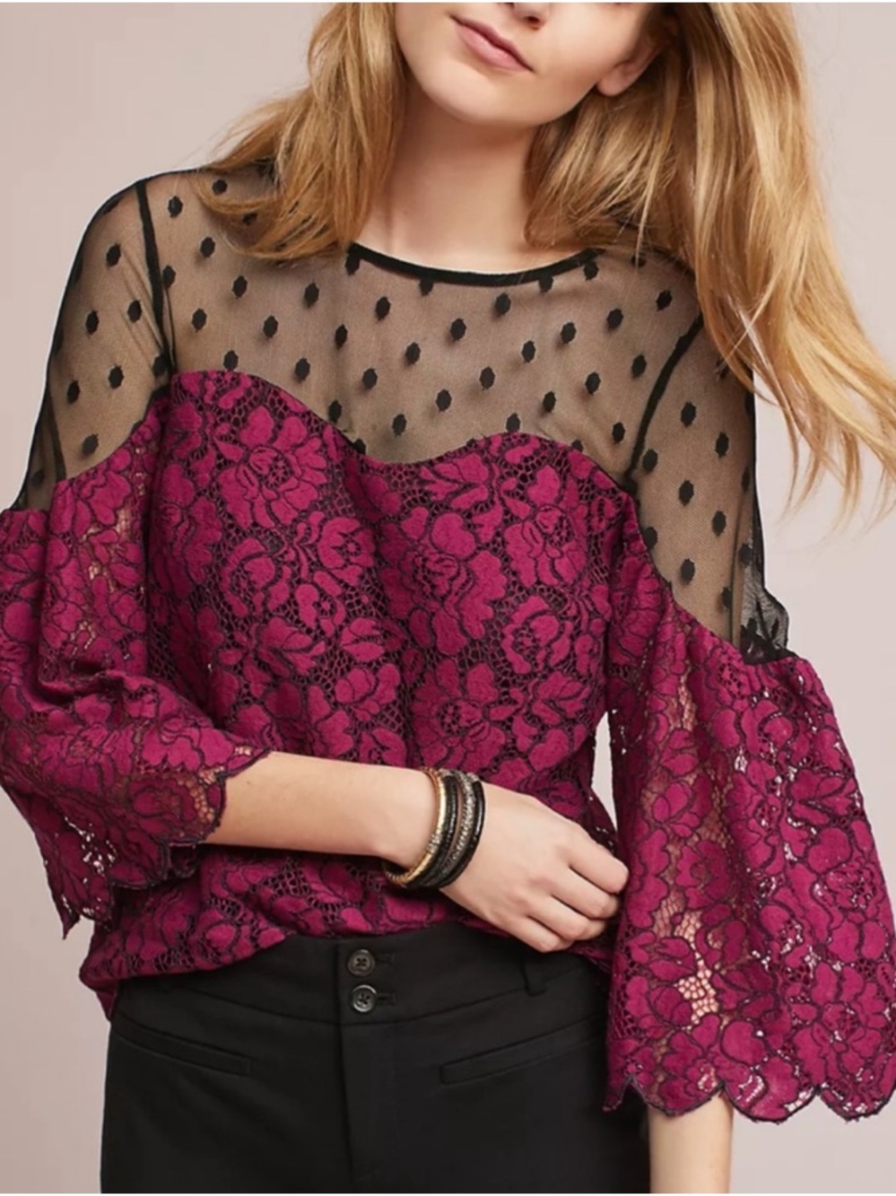 Anthropologie PLENTY Tracy Reese Women Burgundy Lace Mesh Blouse Polka Dot SMALL